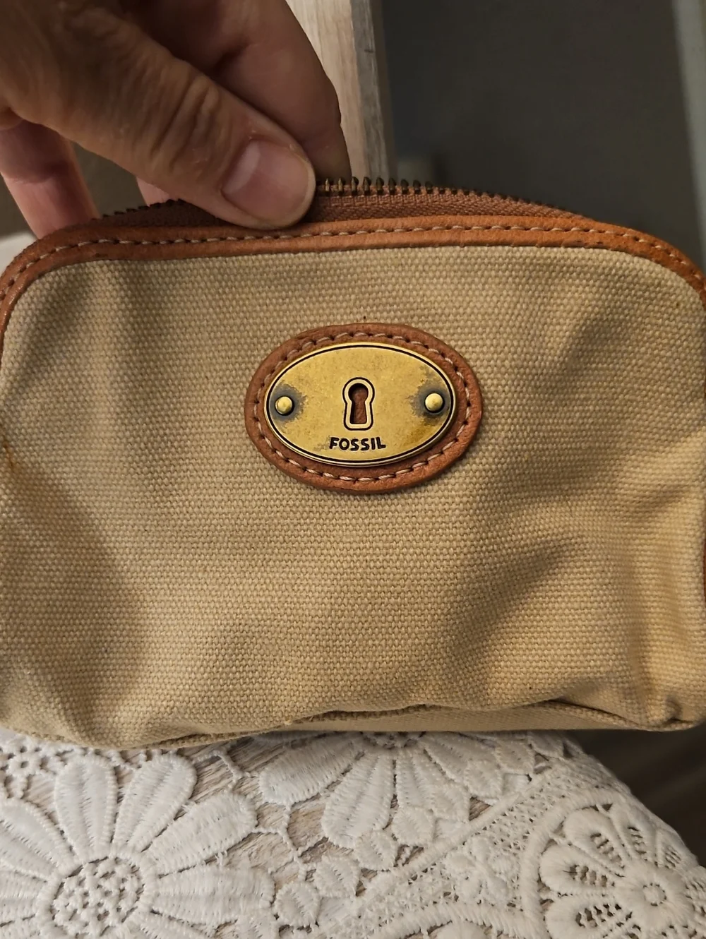 Fossil Embroidered Cream Canvas Pouch with Brass Accent